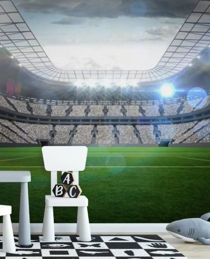 groene en grijze aanpasbare muurschildering voor voetbalstadion genaamd Groot voetbalstadion met verlichting voor tienerkamer en kinderkamer