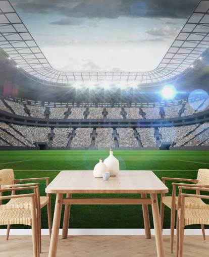 grøn og grå tilpasselig fodboldstadion tapetmaleri kaldet Large Football Stadium with Lights til teenagers soveværelse og børns soveværelse