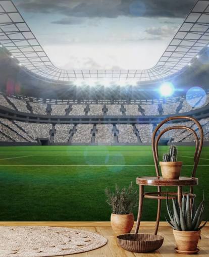 mural de papel pintado de estadio de fútbol personalizable verde y gris llamado Gran estadio de fútbol con luces para dormitorio de adolescentes y dormitorios de niños