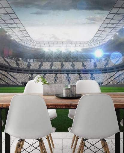 carta da parati murale personalizzabile verde e grigia con stadio di calcio chiamato Large Football Stadium with Lights per la camera dei ragazzi e la cameretta dei bambini