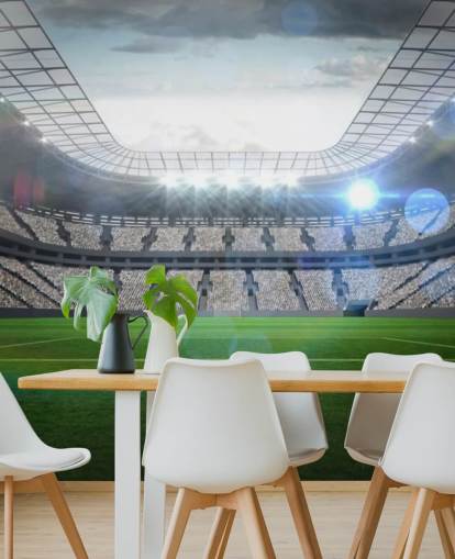 mural de papel de parede de estádio de futebol personalizável verde e cinza chamado Large Football Stadium with Lights para quarto de adolescente e quarto infantil