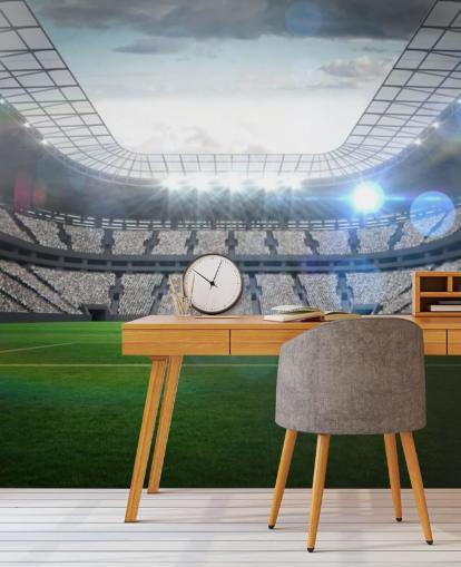 grön och grå anpassningsbar fotbollsstadion tapetväggmålning kallad Stor fotbollsstadion med ljus för tonåringens sovrum och barns sovrum