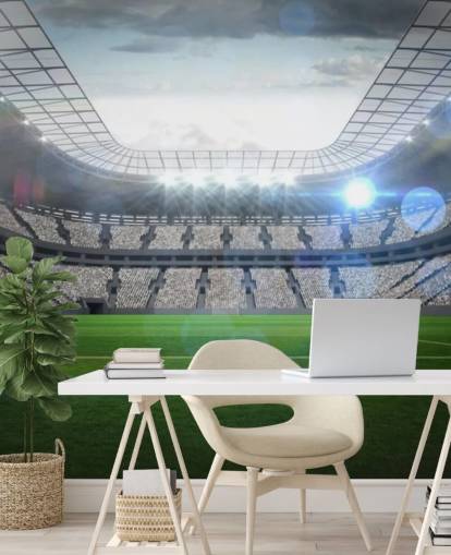 papier peint mural de stade de football personnalisable vert et gris appelé Grand stade de football avec lumières pour chambre d'adolescent et chambre d'enfant