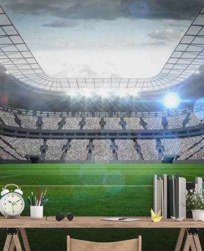 carta da parati murale personalizzabile verde e grigia con stadio di calcio chiamato Large Football Stadium with Lights per la camera dei ragazzi e la cameretta dei bambini