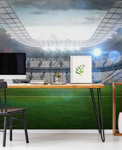 green and gray customizable football stadium wallpaper mural called Large Football Stadium with Lights for teen's bedroom and kid's bedroom