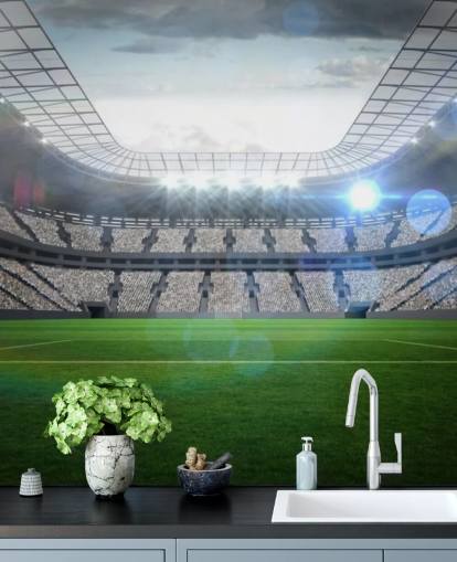 green and gray customizable football stadium wallpaper mural called Large Football Stadium with Lights for teen's bedroom and kid's bedroom