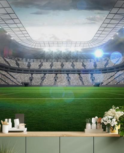 mural de papel pintado de estadio de fútbol personalizable verde y gris llamado Gran estadio de fútbol con luces para dormitorio de adolescentes y dormitorios de niños