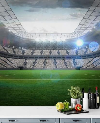 groene en grijze aanpasbare muurschildering voor voetbalstadion genaamd Groot voetbalstadion met verlichting voor tienerkamer en kinderkamer groene en grijze aanpasbare muurschildering voor voetbalstadion genaamd Groot voetbalstadion met verlichting voor tienerkamer en kinderkamer