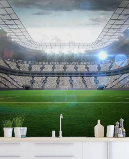 green and grey customisable football stadium wallpaper mural called Large Football Stadium with Lights for teen's bedroom and kid's bedroom