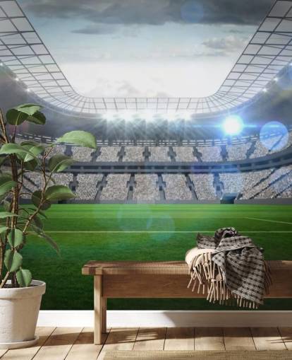 carta da parati murale personalizzabile verde e grigia con stadio di calcio chiamato Large Football Stadium with Lights per la camera dei ragazzi e la cameretta dei bambini