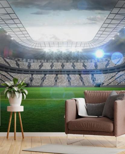 green and gray customizable football stadium wallpaper mural called Large Football Stadium with Lights for teen's bedroom and kid's bedroom