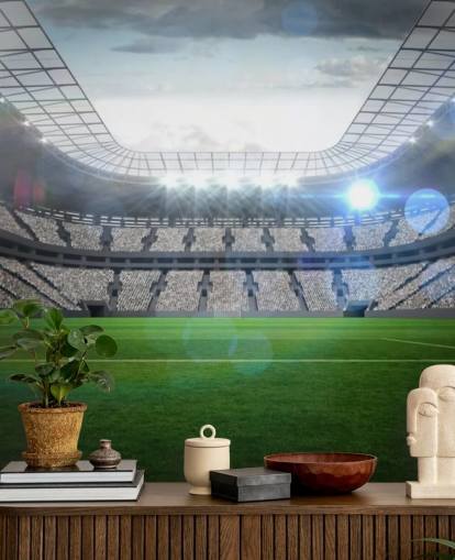 green and gray customizable football stadium wallpaper mural called Large Football Stadium with Lights for teen's bedroom and kid's bedroom