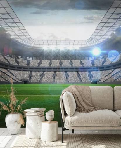 mural de papel pintado de estadio de fútbol personalizable verde y gris llamado Gran estadio de fútbol con luces para dormitorio de adolescentes y dormitorios de niños