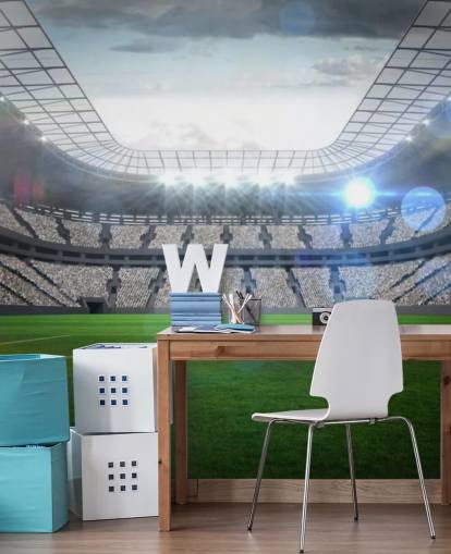 mural de papel de parede de estádio de futebol personalizável verde e cinza chamado Large Football Stadium with Lights para quarto de adolescente e quarto infantil