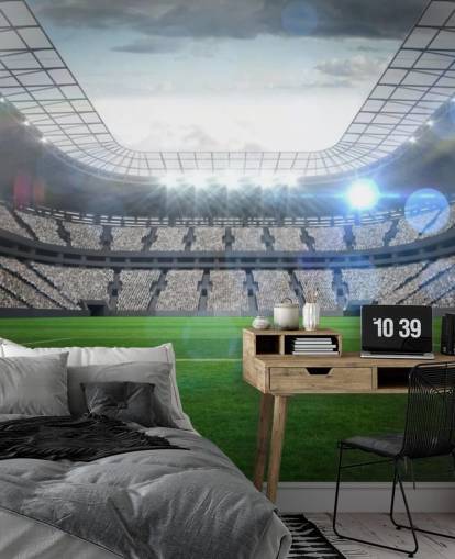 Wandbild „Großes Fußballstadion“, personalisierbar, grün und grau, mit Lichtern, für Kinder- und Jugendzimmer