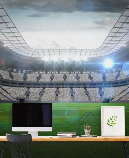 papier peint mural de stade de football personnalisable vert et gris appelé Grand stade de football avec lumières pour chambre d'adolescent et chambre d'enfant