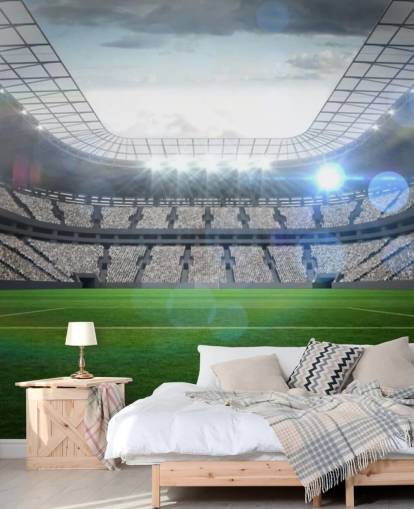 green and gray customizable football stadium wallpaper mural called Large Football Stadium with Lights for teen's bedroom and kid's bedroom