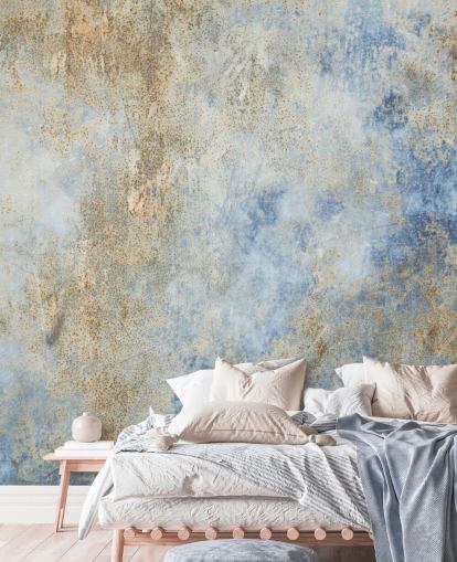 blauw en goud industrieel behang op maat genaamd Blue Oxidize 