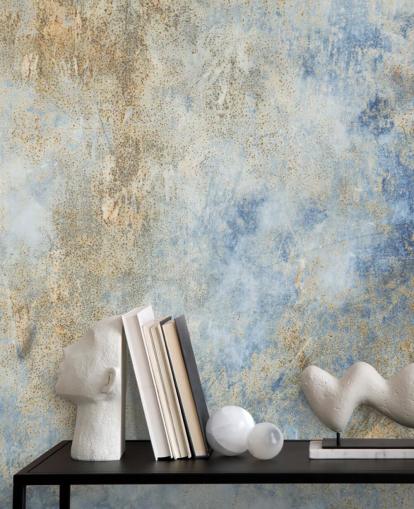 papel pintado industrial personalizado azul y dorado llamado Blue Oxidize 