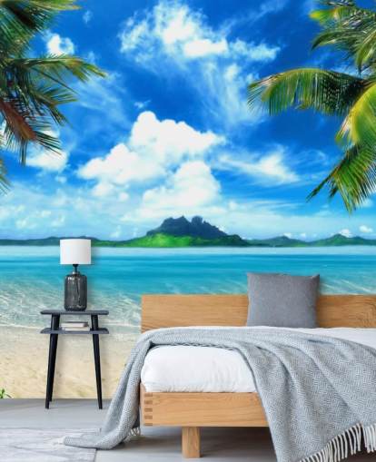 mural de papel pintado de playa azul y verde llamado Paradise Island para dormitorios, baños y salas de estar