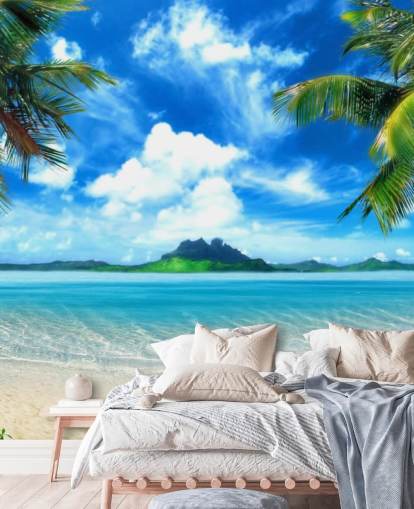 blå og grøn strand tapet vægmaleri kaldet Paradise Island til soveværelser, badeværelser og stuer