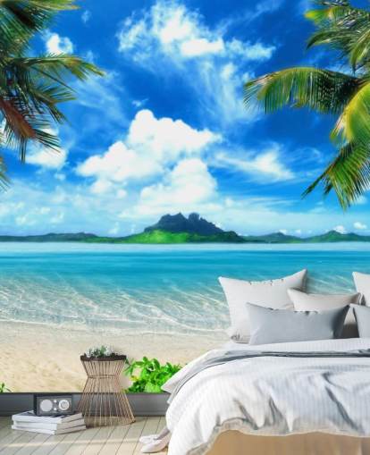 mural de papel pintado de playa azul y verde llamado Paradise Island para dormitorios, baños y salas de estar mural de papel pintado de playa azul y verde llamado Paradise Island para dormitorios, baños y salas de estar