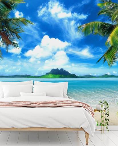 mural de papel de parede de praia azul e verde chamado Paradise Island para quartos, banheiros e salas de estar mural de papel de parede de praia azul e verde chamado Paradise Island para quartos, banheiros e salas de estar