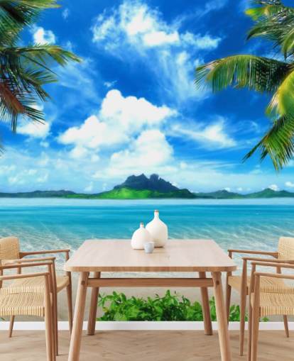 blå och grön strand tapet väggmålning kallad Paradise Island för sovrum, badrum och vardagsrum
