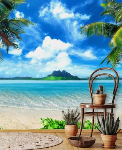mural de papel pintado de playa azul y verde llamado Paradise Island para dormitorios, baños y salas de estar