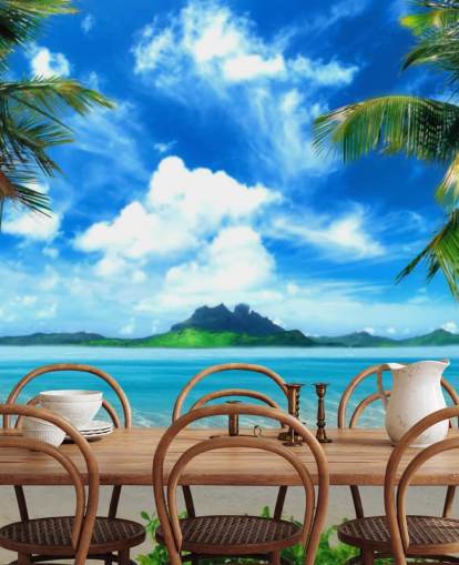 carta da parati murale blu e verde sulla spiaggia chiamata Paradise Island per camere da letto, bagni e salotti carta da parati murale blu e verde sulla spiaggia chiamata Paradise Island per camere da letto, bagni e salotti