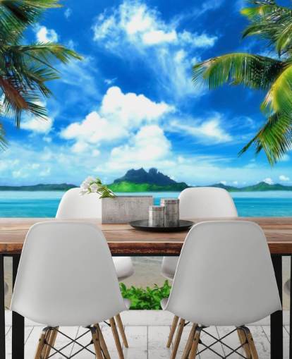 blue and green beach wallpaper mural called Paradise Island for bedrooms, bathrooms and living rooms
