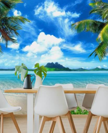 blue and green beach wallpaper mural called Paradise Island for bedrooms, bathrooms and living rooms