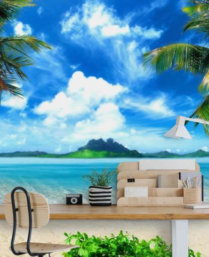 blue and green beach wallpaper mural called Paradise Island for bedrooms, bathrooms and living rooms