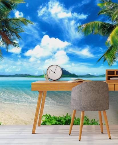 blaue und grüne Strandtapete namens Paradise Island für Schlafzimmer, Badezimmer und Wohnzimmer