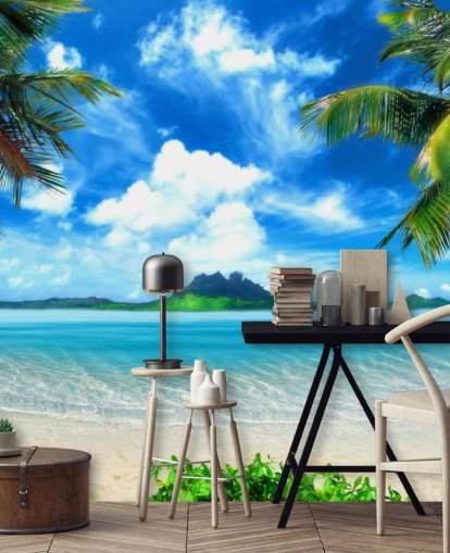 blå och grön strand tapet väggmålning kallad Paradise Island för sovrum, badrum och vardagsrum