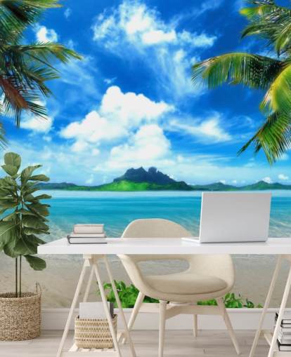 blå och grön strand tapet väggmålning kallad Paradise Island för sovrum, badrum och vardagsrum blå och grön strand tapet väggmålning kallad Paradise Island för sovrum, badrum och vardagsrum