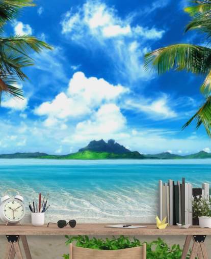 mural de papel pintado de playa azul y verde llamado Paradise Island para dormitorios, baños y salas de estar