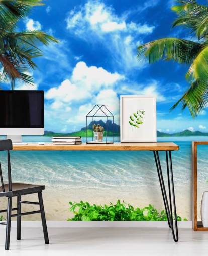 blue and green beach wallpaper mural called Paradise Island for bedrooms, bathrooms and living rooms