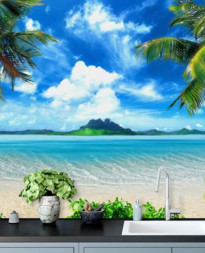 blaue und grüne Strandtapete namens Paradise Island für Schlafzimmer, Badezimmer und Wohnzimmer