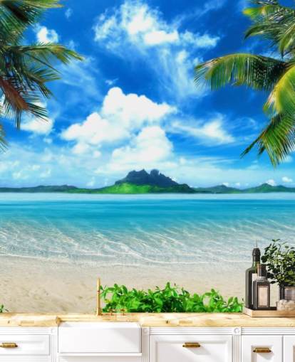 blue and green beach wallpaper mural called Paradise Island for bedrooms, bathrooms and living rooms blue and green beach wallpaper mural called Paradise Island for bedrooms, bathrooms and living rooms