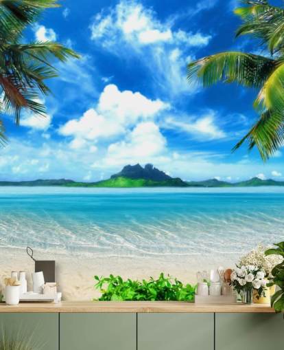 carta da parati murale blu e verde sulla spiaggia chiamata Paradise Island per camere da letto, bagni e salotti carta da parati murale blu e verde sulla spiaggia chiamata Paradise Island per camere da letto, bagni e salotti