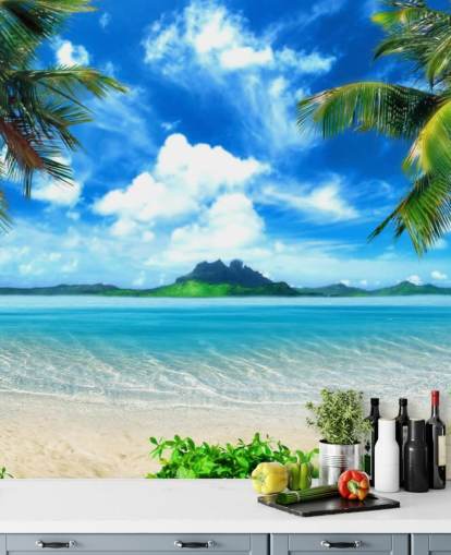 blue and green beach wallpaper mural called Paradise Island for bedrooms, bathrooms and living rooms