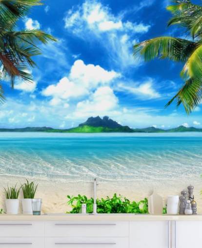 blue and green beach wallpaper mural called Paradise Island for bedrooms, bathrooms and living rooms