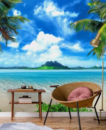 blaue und grüne Strandtapete namens Paradise Island für Schlafzimmer, Badezimmer und Wohnzimmer