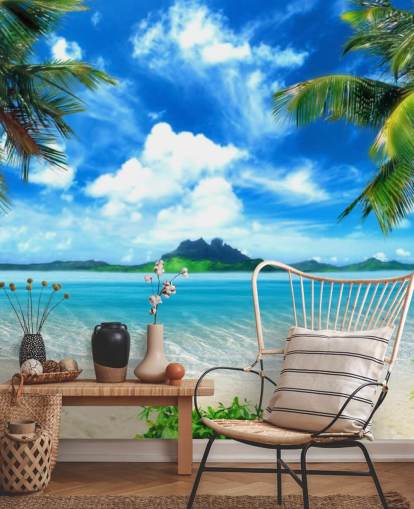 blue and green beach wallpaper mural called Paradise Island for bedrooms, bathrooms and living rooms
