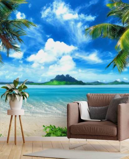 mural de papel pintado de playa azul y verde llamado Paradise Island para dormitorios, baños y salas de estar