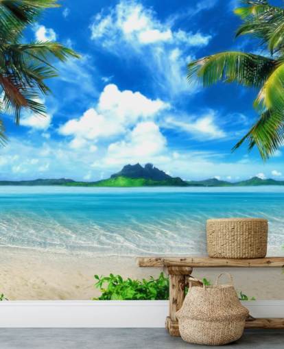 papier peint mural de plage bleu et vert appelé Paradise Island pour les chambres, les salles de bain et les salons