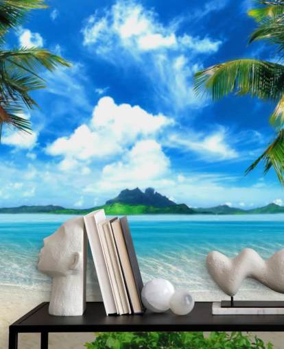 blå och grön strand tapet väggmålning kallad Paradise Island för sovrum, badrum och vardagsrum