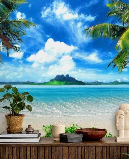 papier peint mural de plage bleu et vert appelé Paradise Island pour les chambres, les salles de bain et les salons