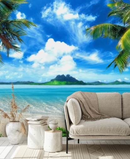 blue and green beach wallpaper mural called Paradise Island for bedrooms, bathrooms and living rooms blue and green beach wallpaper mural called Paradise Island for bedrooms, bathrooms and living rooms
